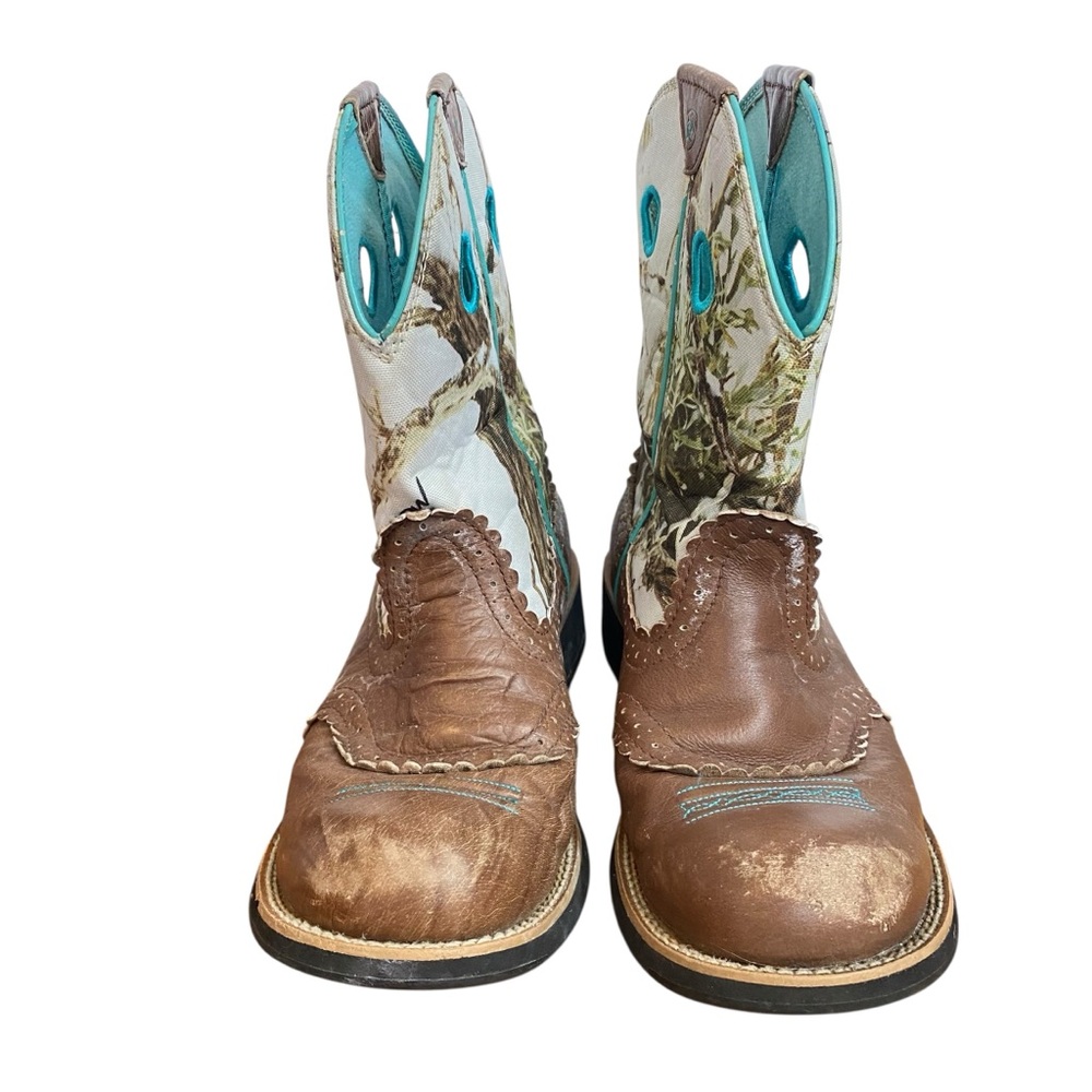ARIAT Women 11B True Timber Snow Camo Brown Leather Shortie Cowboy Boots Fatbaby - Picture 2 of 9